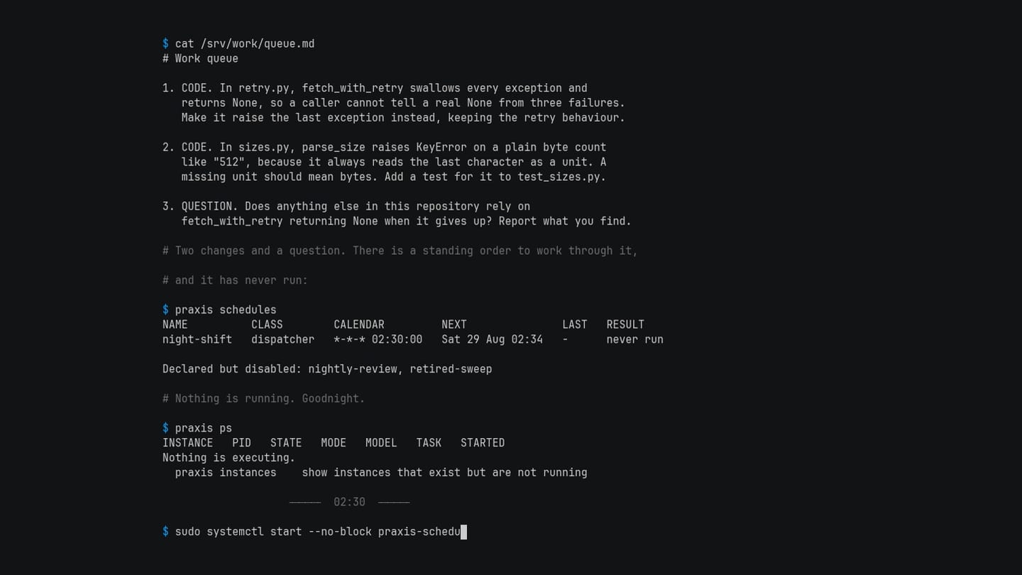 La cua de treball i la tasca programada de les 02:30 en un terminal.